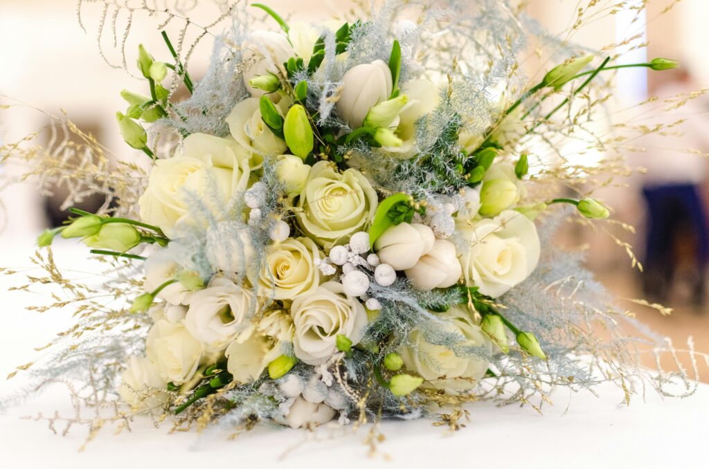 Elegant white rose and greenery bouquet showcased as part of our Wedding Planning Services in Middle Georgia—ideal for timeless celebrations.